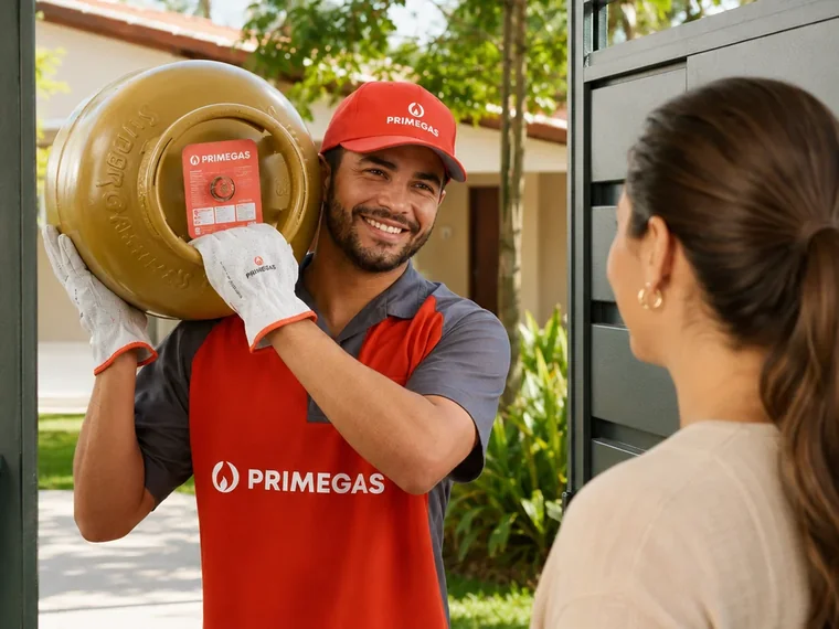 Entregador uniformizado entregando o botijão ao cliente